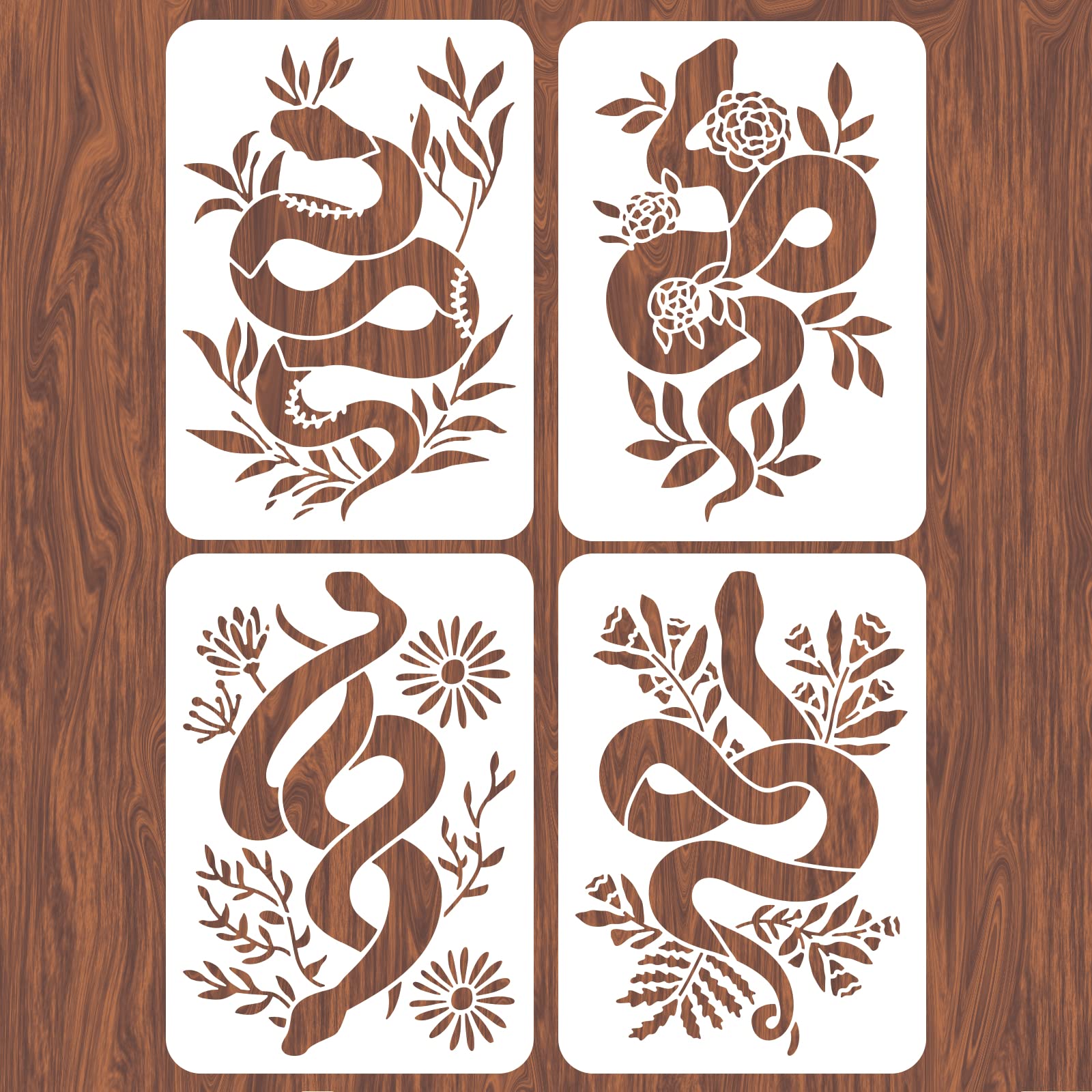INFUNLY 4pcs Snake Flower Wall Stencils for Painting Plant 11.7x8.3 Tile Stencil Set Reusable Plastic Wall Stencils Template for Painting on Wood Wall Furniture Floor Tiles Fabric DIY Home Decor โ image 1