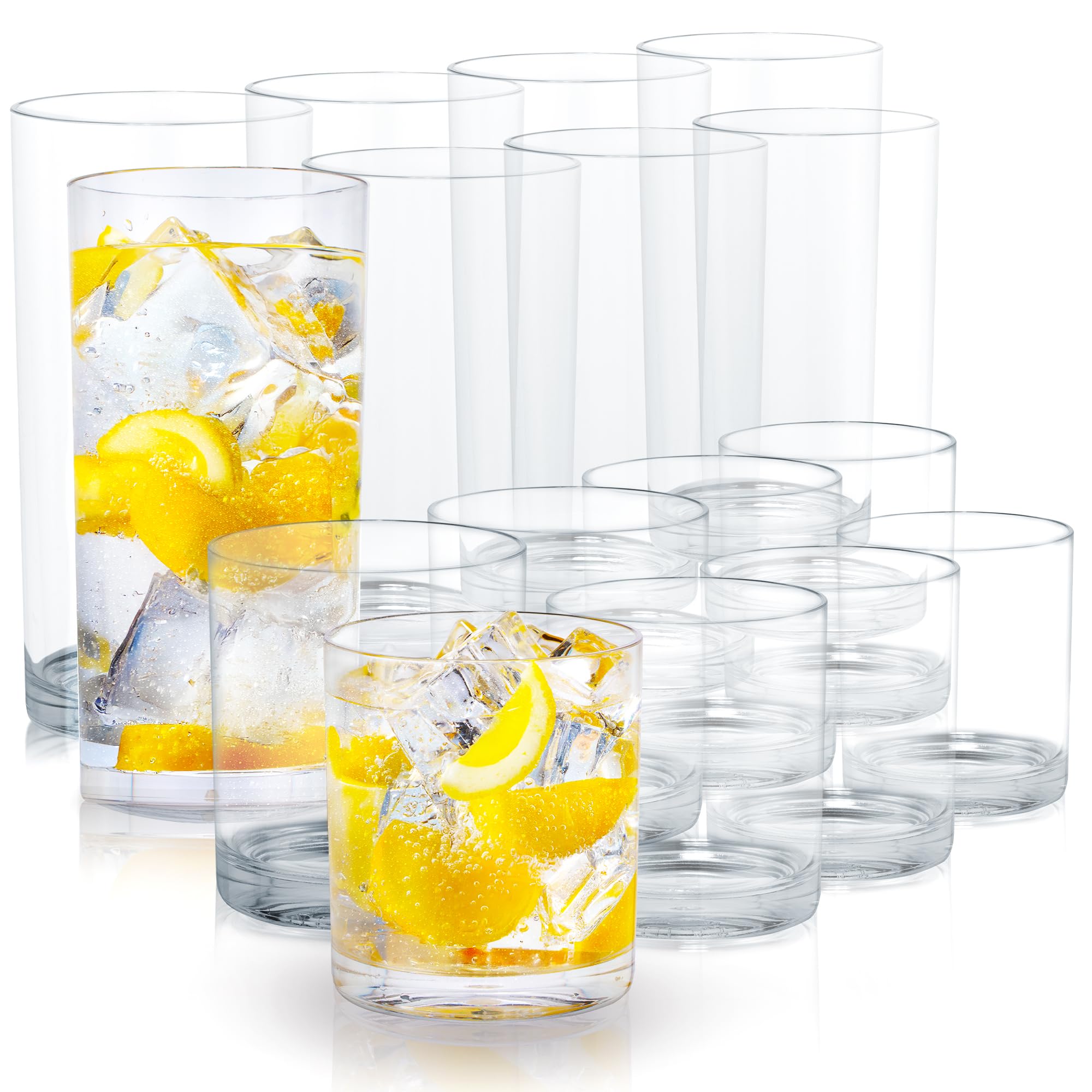 Zulay Kitchen Acrylic Plastic Glasses Drinkware - 16 Piece Unbreakable Drinking Glasses - BPA-Free, Reusable Plastic Tumblers for Home & Outdoors - Lead-Free & Dishwasher Safe - (12&16oz) Image