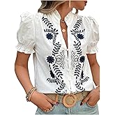 SweatyRocks Women's Puff Sleeve Floral Blouse Embroidered V Neck Button Down Shirt Vacation Top