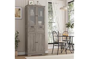 HORSTORS 67" Tall Bathroom Storage Cabinet, Freestanding Linen Cabinet with Glass Door and Shelves, Kitchen Pantry with 2 Drawers for Bathroom, Living Room, Dining Room, Ash Grey