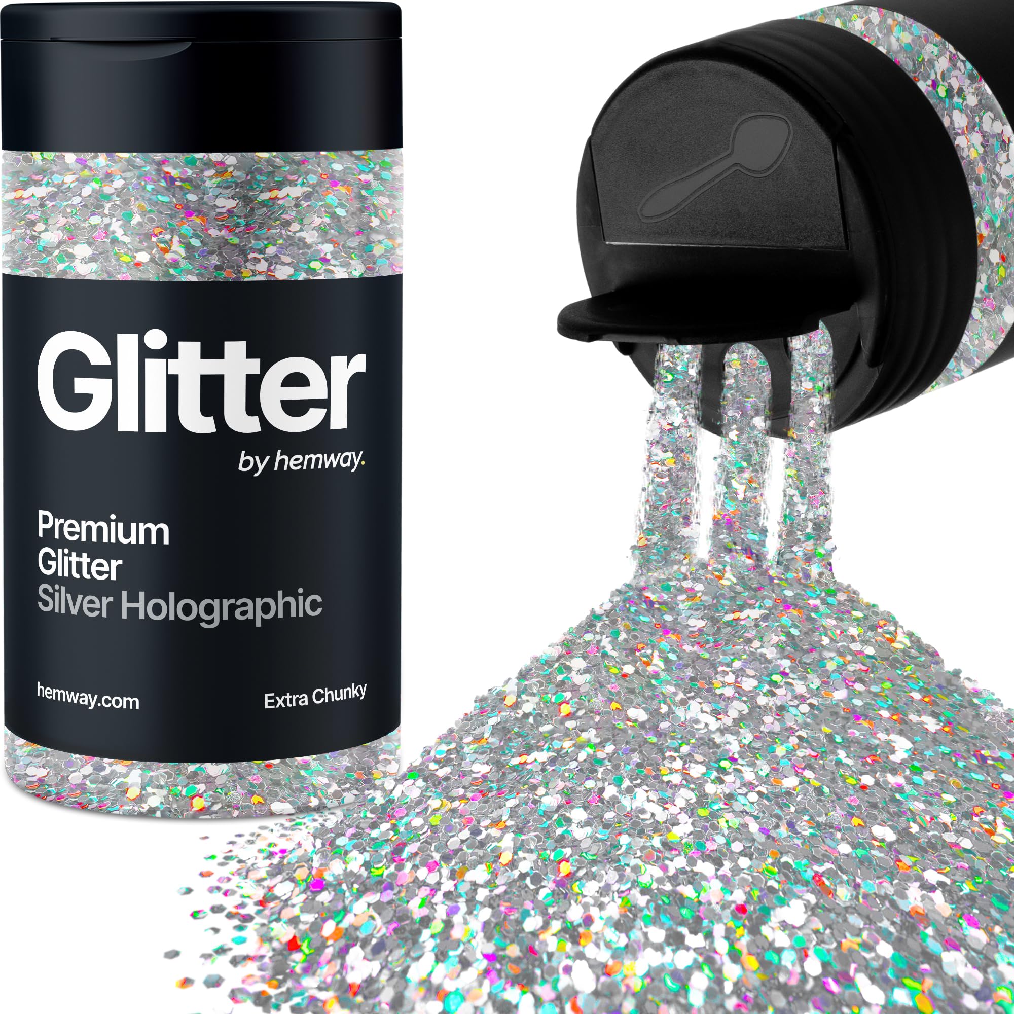 Holographic Silver Glitter Shaker, 130g Extra Chunky Glitter, Crafts 1/24" Metallic Flake Silver Sequins, Resin & Epoxy Crafts, Decorating, Halloween, Christmas Nail, Face, Hemway — image 1