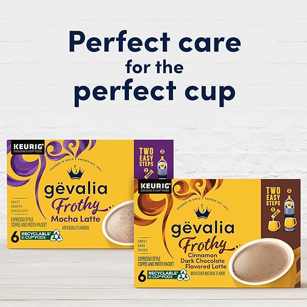 GEVALIA FROTHY 2-STEP CINNAMON DARK CHOCOLATE FLAVORED LATTE ESPRESSO STYLE KEURIG K-CUP COFFEE PODS & FROTH PACKETS KIT, 6 CT BOX