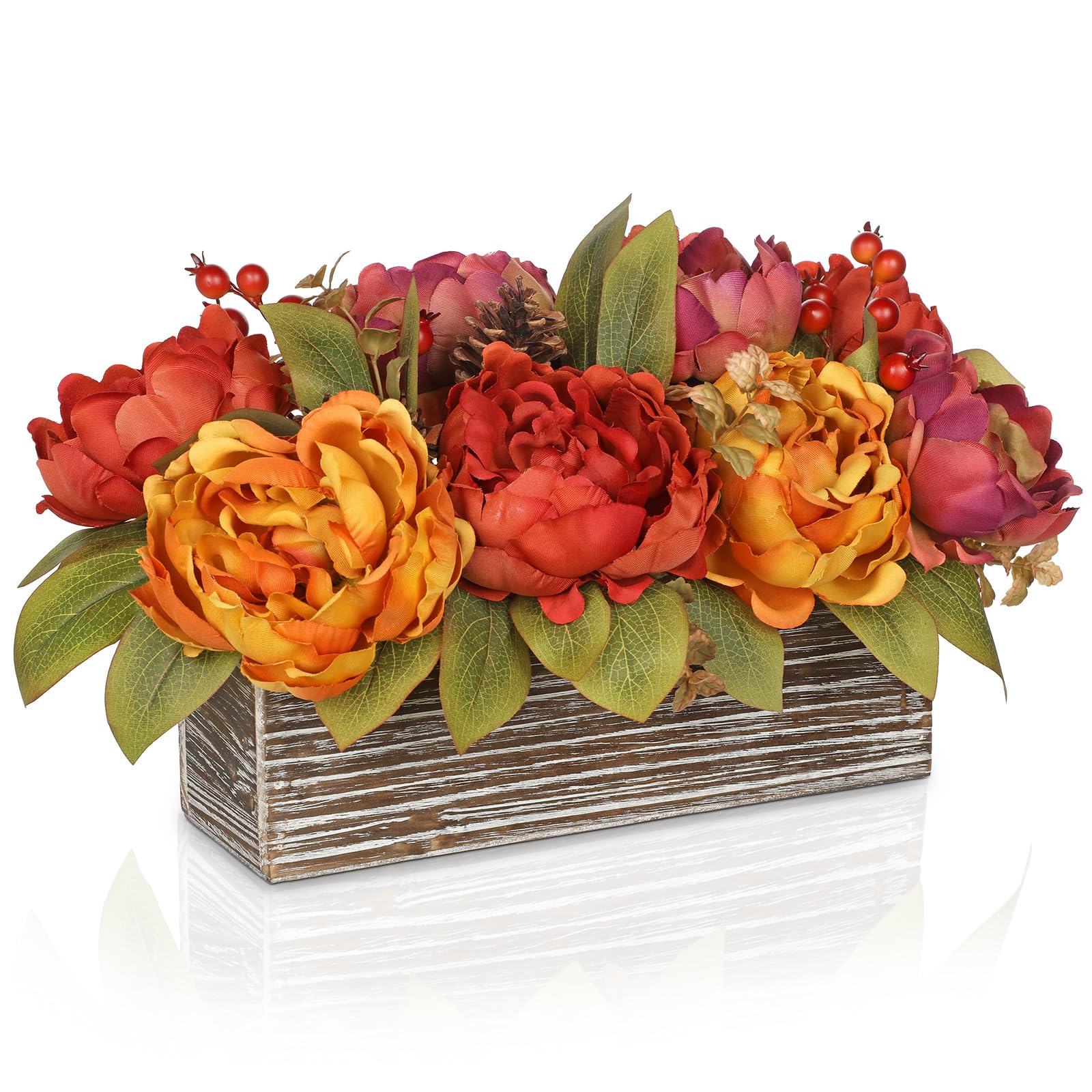 Fall Peonies Artificial Flowers Arrangements In Rustic Wooden Box Planter