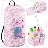 2 Pcs Backpack Laundry Bag and Caddy Set for Dorm and Travel, Floral, Pink | 13 x 29 Inch Dorm Laundry Backpack Shower Caddy Basket Hooks for Dorm College Room Travel Laundromat Apartment