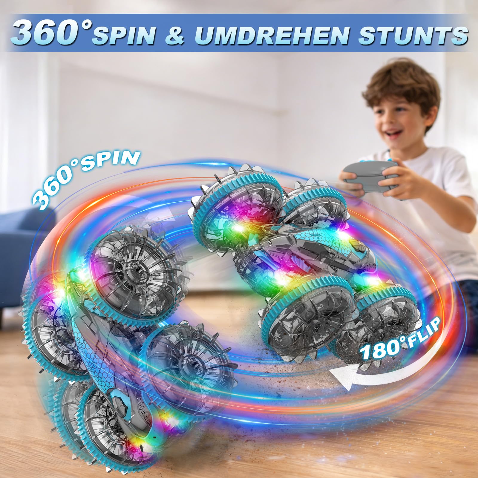 MidiVix Amphibienfahrzeug Ferngesteuertes Auto, 90 Min Spielzeit, 2.4GHz Double-Sided Stunt RC Auto Car mit LED Licht, 4WD 360° Drehung, Pool & Outdoor Spielzeug Geschenke für Kinder 6-12 Blaugrau 5