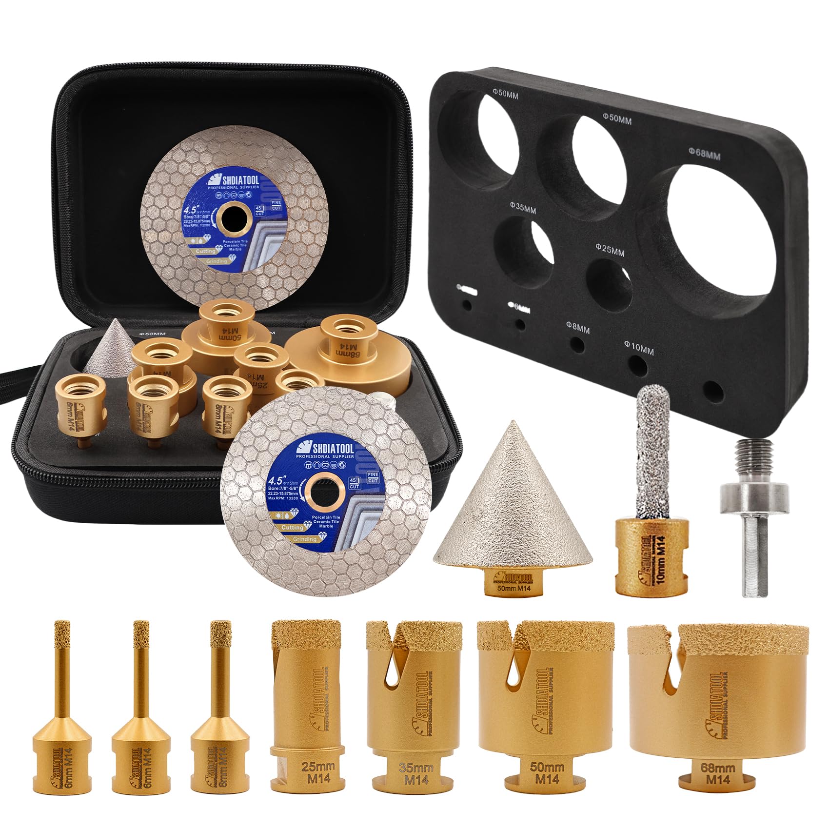 SHDIATOOL Diamond Core Drill Bit Set - 10pcs (6/6/8/25/35/50/68MM+10mm Curved Finger Milling Bit+50mm Beveling Chamfer Bit+Hex+115mm Saw Blade) Hole Saw Kit Tile Drill Bits for Porcelain M14 Thread