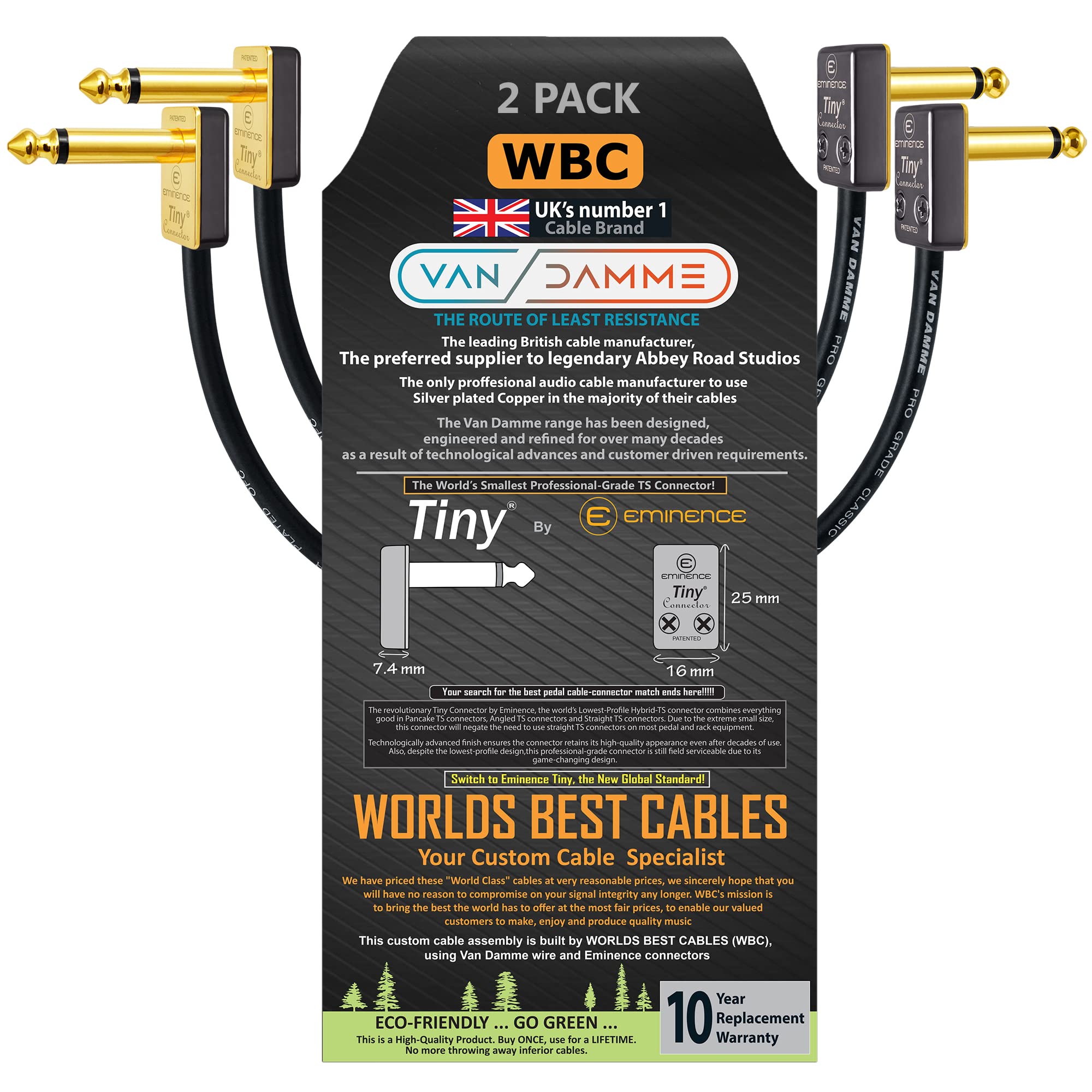 2 Units - 25 CM - Van Damme Pro Grade Classic XKE – Premium Silver-plated OFC, Flexible Shielded Guitar Bass Instrument Effects Pedal Patch Cable w/ Eminence Tiny Gold Plated Angled TS Connectors