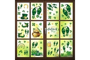 B4B3E 9 Sheets St Patricks Day Window Clings, Leprechaun Footprints Hat Shamrock Stickers for St Patricks Day Decorations, Reusable Static Window Clings St Patrick's Day Shamrock Stickers Party Supplies
