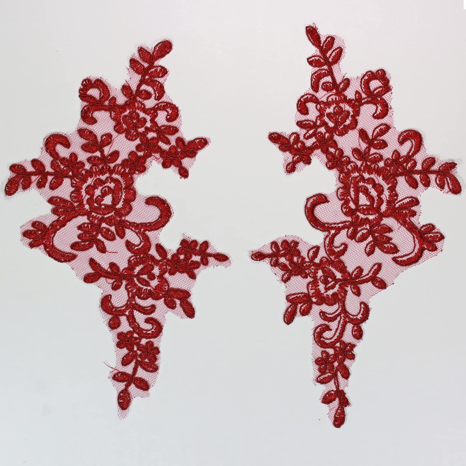 4 X Corded Embroidery Floral Lace Applique Wedding Motif Sew On Size: 25 cm x 12 cm :#39A (Dark Red)