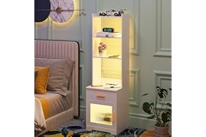 Dystler Nightstand with Charging Station and LED Lights, 58" Tall Bedside Table with Drawer/Storage Cabinet/ 3 Open Storage, Side Table End Table for Bedroom/Living Room/Office (White)