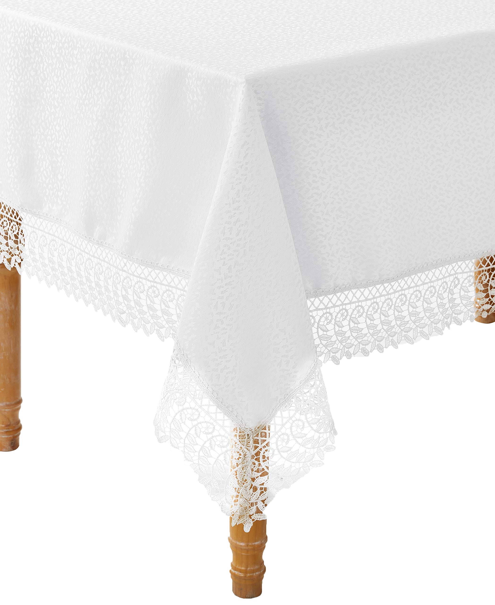 Violet Linen Legacy Cobblestone Design, Macrame Lace Border Tablecloth, Polyester, White