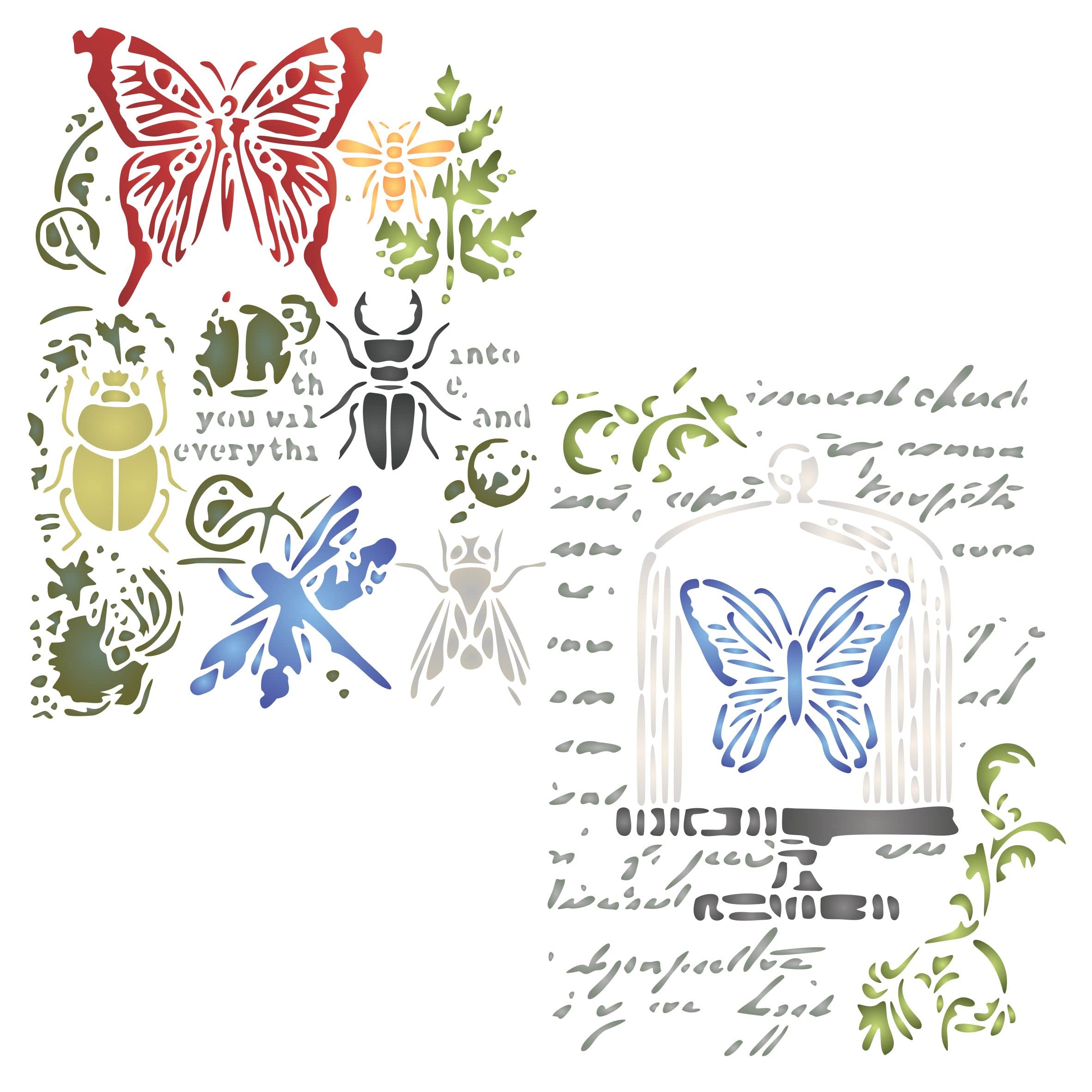 2X Insects Stencil, 2pc / 16.5 x 21.5 cm (M) - Use Layering Butterfly Bugs Leaves Script to add Texture and Design to Mixed Media Backgrounds Stencils for Painting Template
