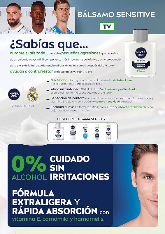Sensitive Bálsamo After Shave (1 x 100 ml), para el cuidado de la piel sensible, bálsamo anti irritaciones con 0% alcohol para calmar la piel al instante