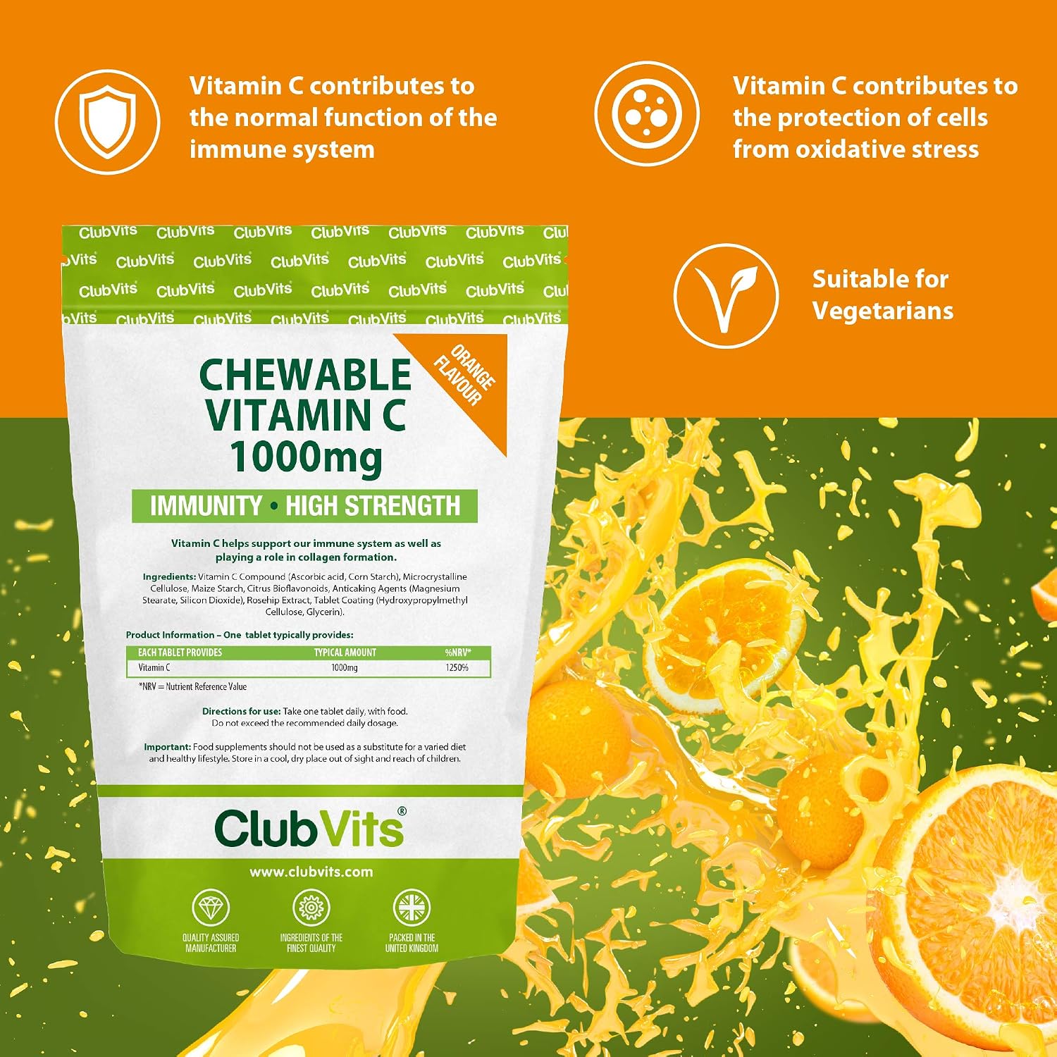 Vitamin C 1000mg Chewable by Club Vits - 90 Tablets - Supports Immune Health and Helps Fight Colds - Helps Reduce Tiredness and Fatigue - Image 3
