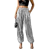 Fakanhui Women's Metallic Jogger Pants Sequin Gold Silver Casual Dress Evening Party Clubwear Trouser