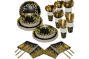 350 Pieces Gold Disposable Party Dinnerware Set &Golden Dot Disposable Party Dinnerware - Black Paper Plates Napkins Cups, Go