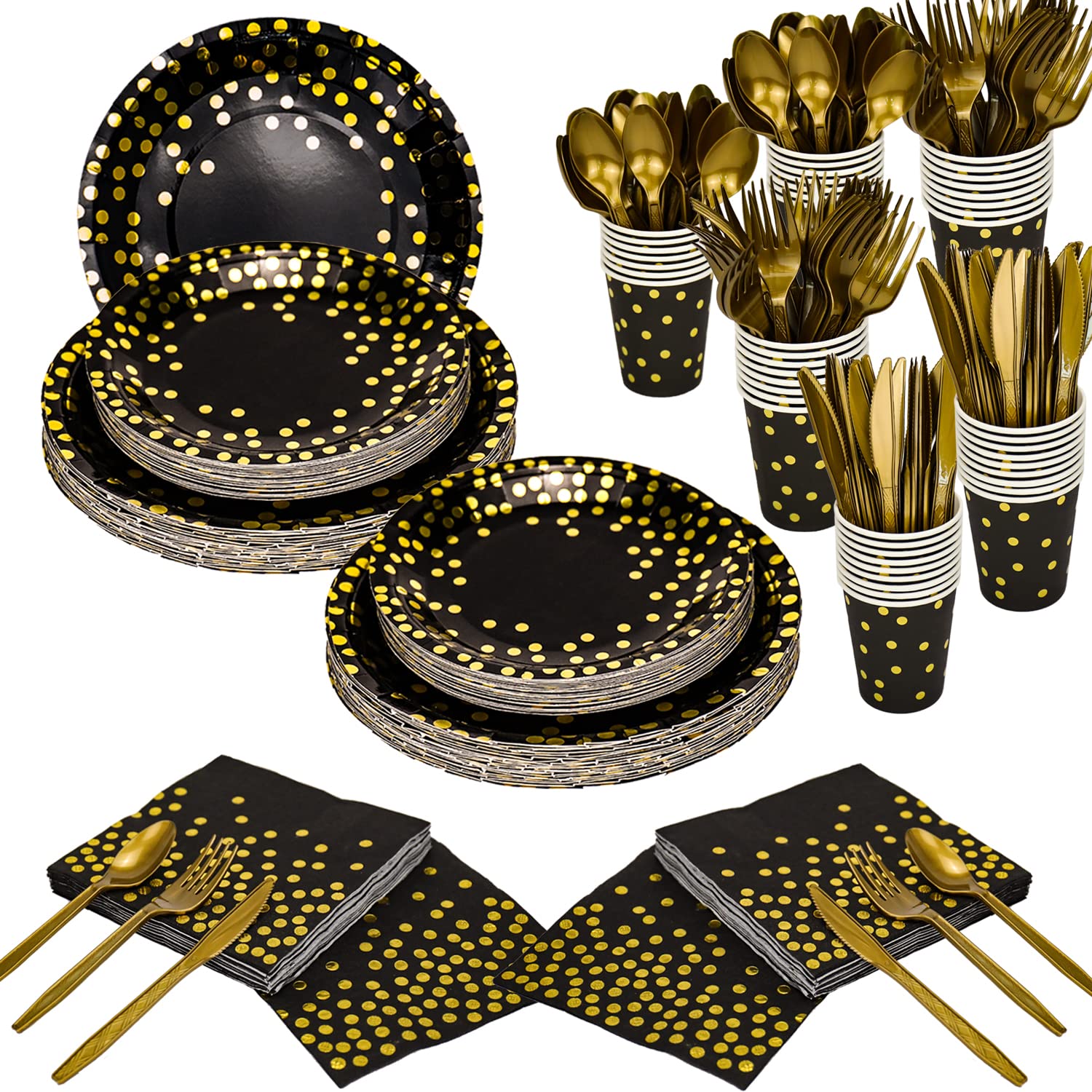 Photo 1 of 350 Pieces Gold Disposable Party Dinnerware Set &Golden Dot Disposable Party Dinnerware - Black Paper Plates Napkins Cups, Gold Plastic Forks Knives Spoons