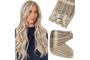Full Shine Hair Extensions Real Human Hair Clip ins Blonde Hair Extensions Highlight Seamless Clip in Human Hair Extension PU Skin Weft Add Volume 18 Inch 8 PCS 120 Grams