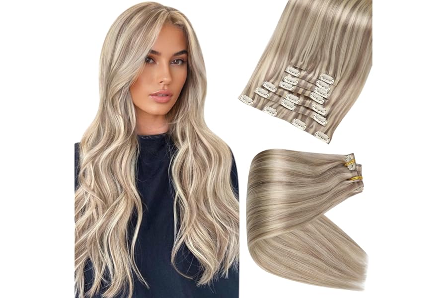 Full Shine Hair Extensions Real Human Hair Clip ins Blonde Hair Extensions Highlight Seamless Clip in Human Hair Extension PU Skin Weft Add Volume 18 Inch 8 PCS 120 Grams