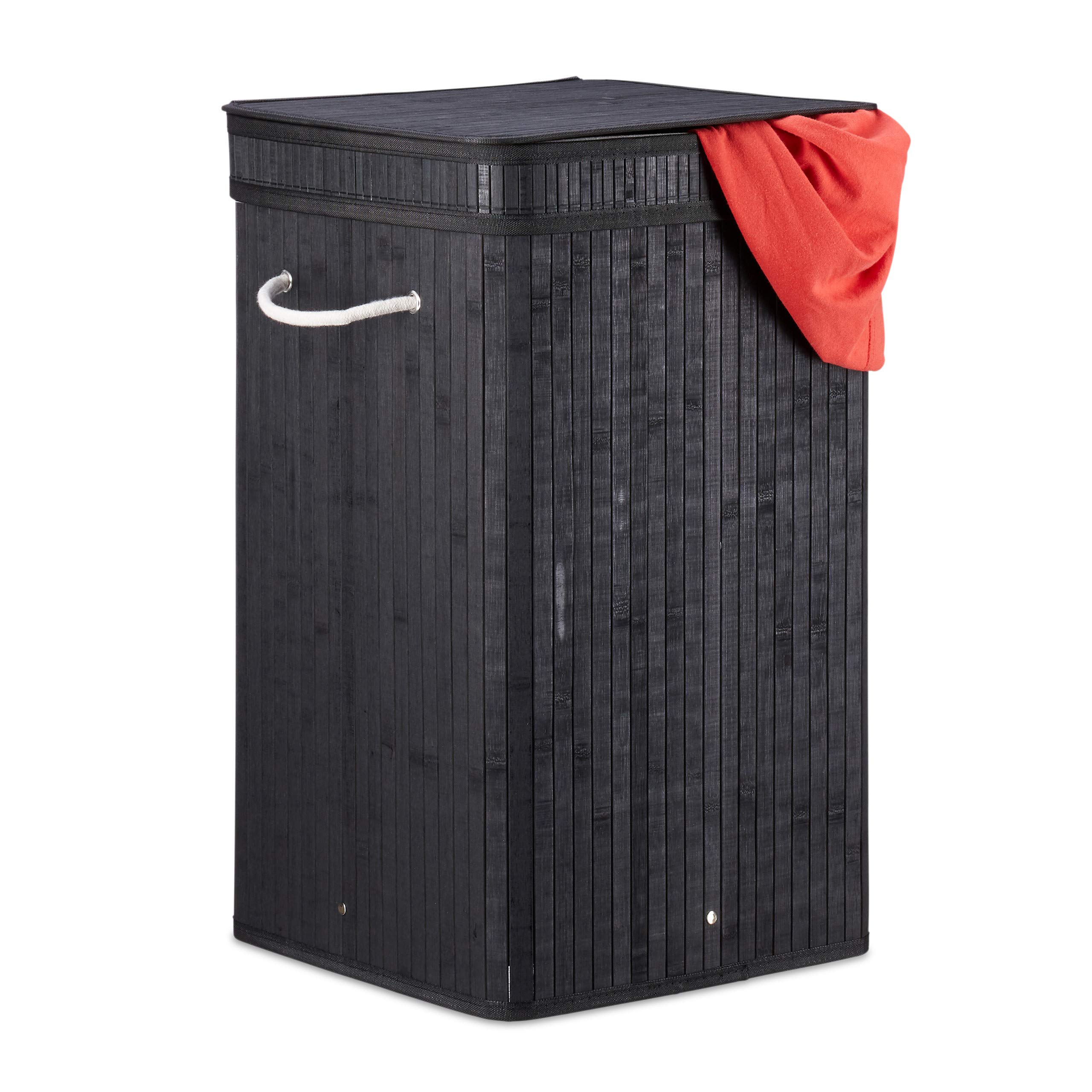 Relaxdays Black Bamboo Pop-Up Laundry Hamper, Handle, Portable, 70 L Load, Square Laundry Bag, HxØ: 63 x 36 cm