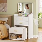 HUAHUU 3 in 1 Vanity Desk with Flip-up Mirror, Compact Vanity with 2 Fabric Drawers &amp; Storage Cushioned Chair, Charging Station, Girls Small Vanity Nightstand for Bedroom, White