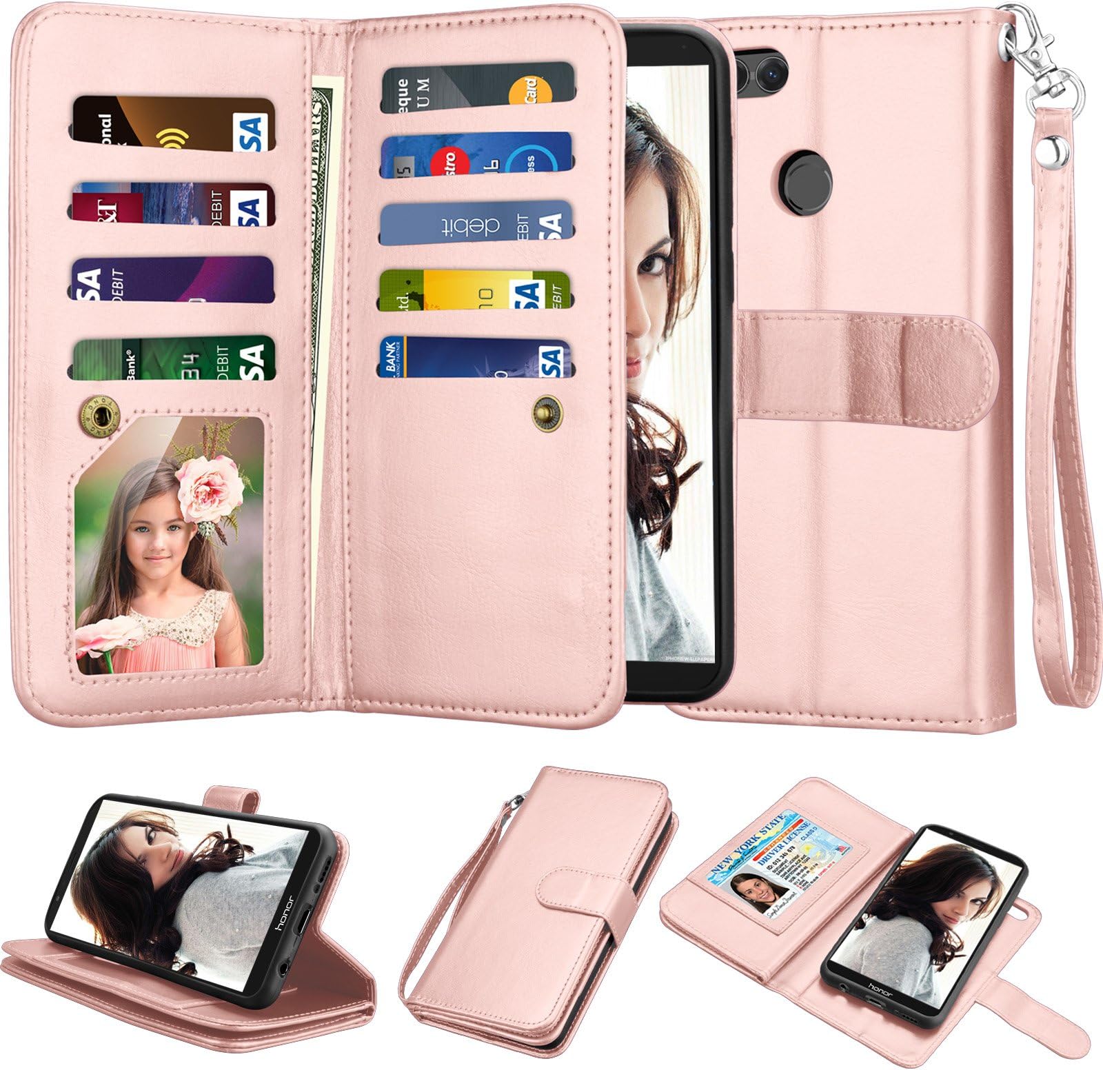 Njjex Compatible for Honor 7X Wallet Case/Huawei Mate SE Case, Luxury PU Leather [9 Card Slots] ID Credit Folio Flip Cover [Detachable] [Kickstand] Magnetic Closure Cover & Wrist Strap [Rose Gold]