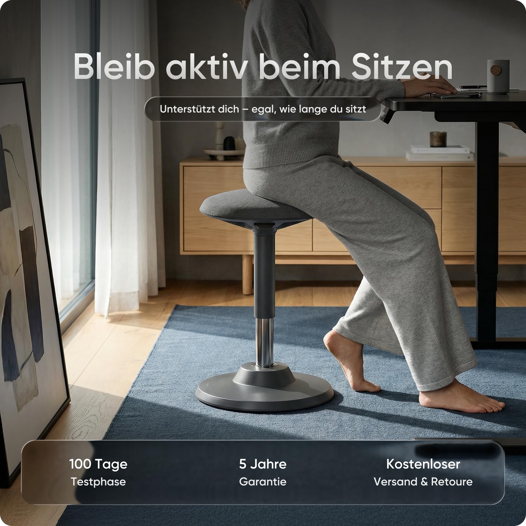 DESKSPACE Motion Sitzhocker - Stehhocker höhenverstellbar, ergonomischer Hocker bis 140kg mit CushCloud-Polsterung, Gasfeder & 3D-Sitzmechanik, Bürohocker ergonomisch, Wackelhocker, Stehstuhl (Grau) 2