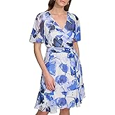 DKNY Women's Short Flutter Sleeve Surplice Belted Mini Dress