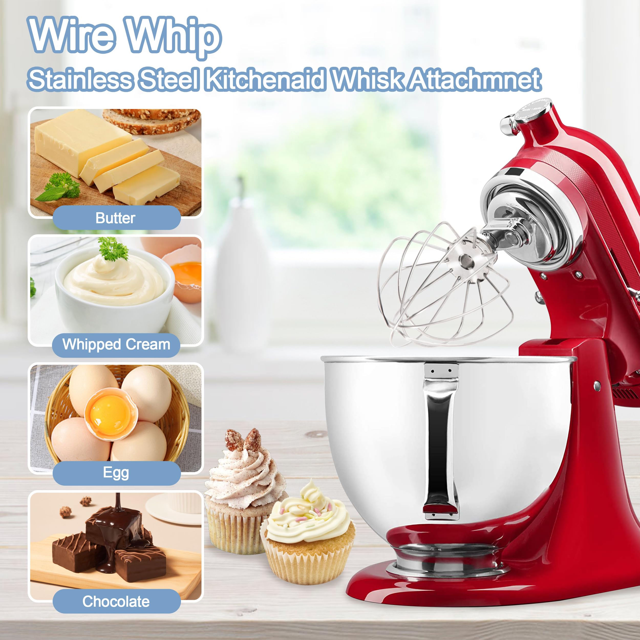 Stainless steel Wire Whip Attachment for KitchenAid Tilt-Head Stand Mixer Accessory K45SS Replacement, Egg Cream Stirrer, Cakes Mayonnaise Whisk, Whipping Egg White, Dishwasher Safe