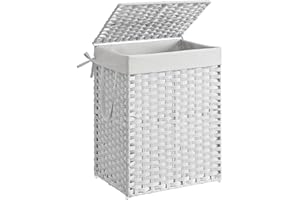 SONGMICS Laundry Hamper with Lid, 23.8 Gallon (90 L) Synthetic Rattan Clothes Laundry Basket with Lid and Handles, Foldable, Removable Liner, Cloud White ULCB51WT