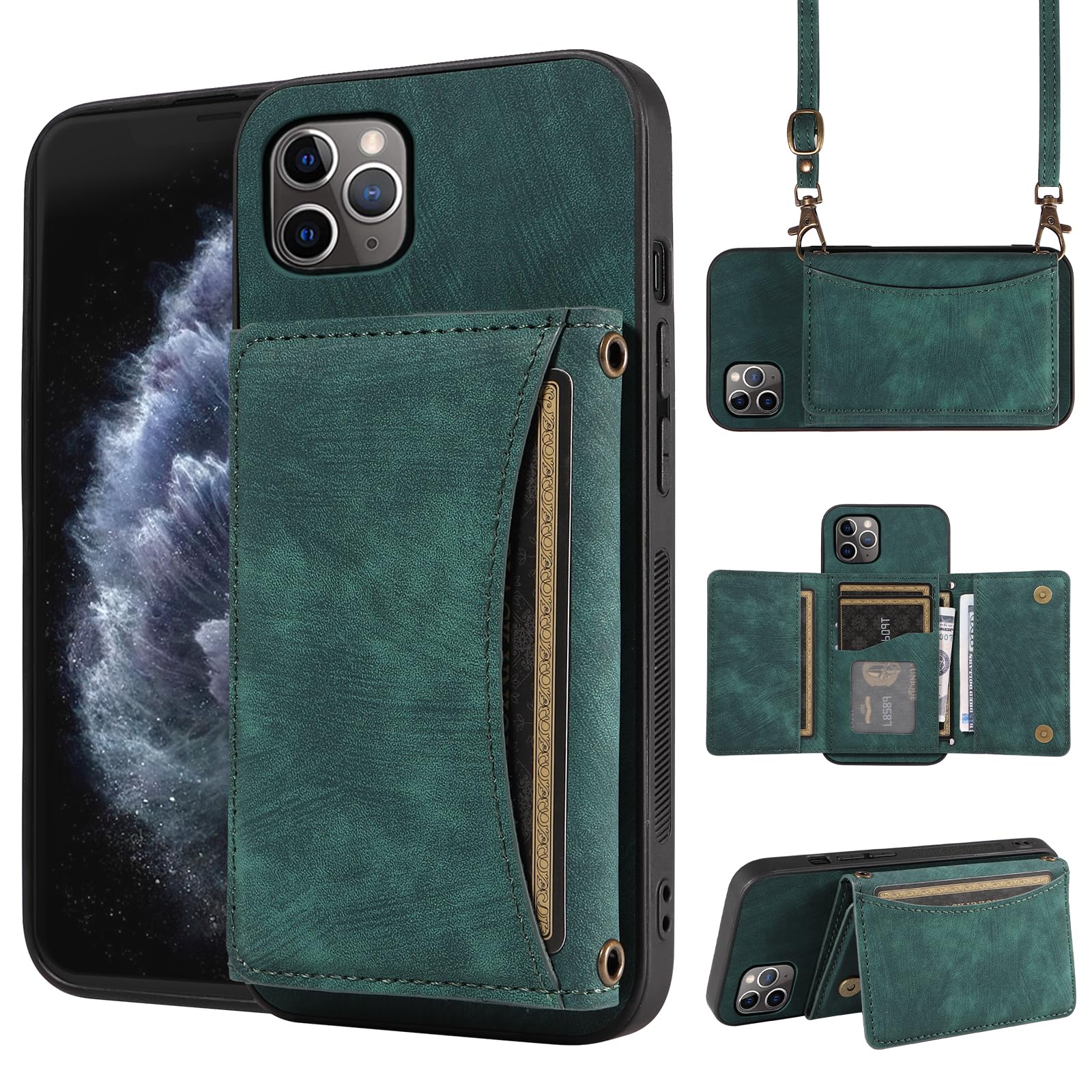 ELISORLI Phone Case For iPhone 11 Pro 5.8 Wallet Cover with Crossbody Shoulder Strap and Leather Credit Card Holder Pocket Slim Cell Accessories Mobile iPhone11pro iPhone11 i XI 11s 11pro Girls Green