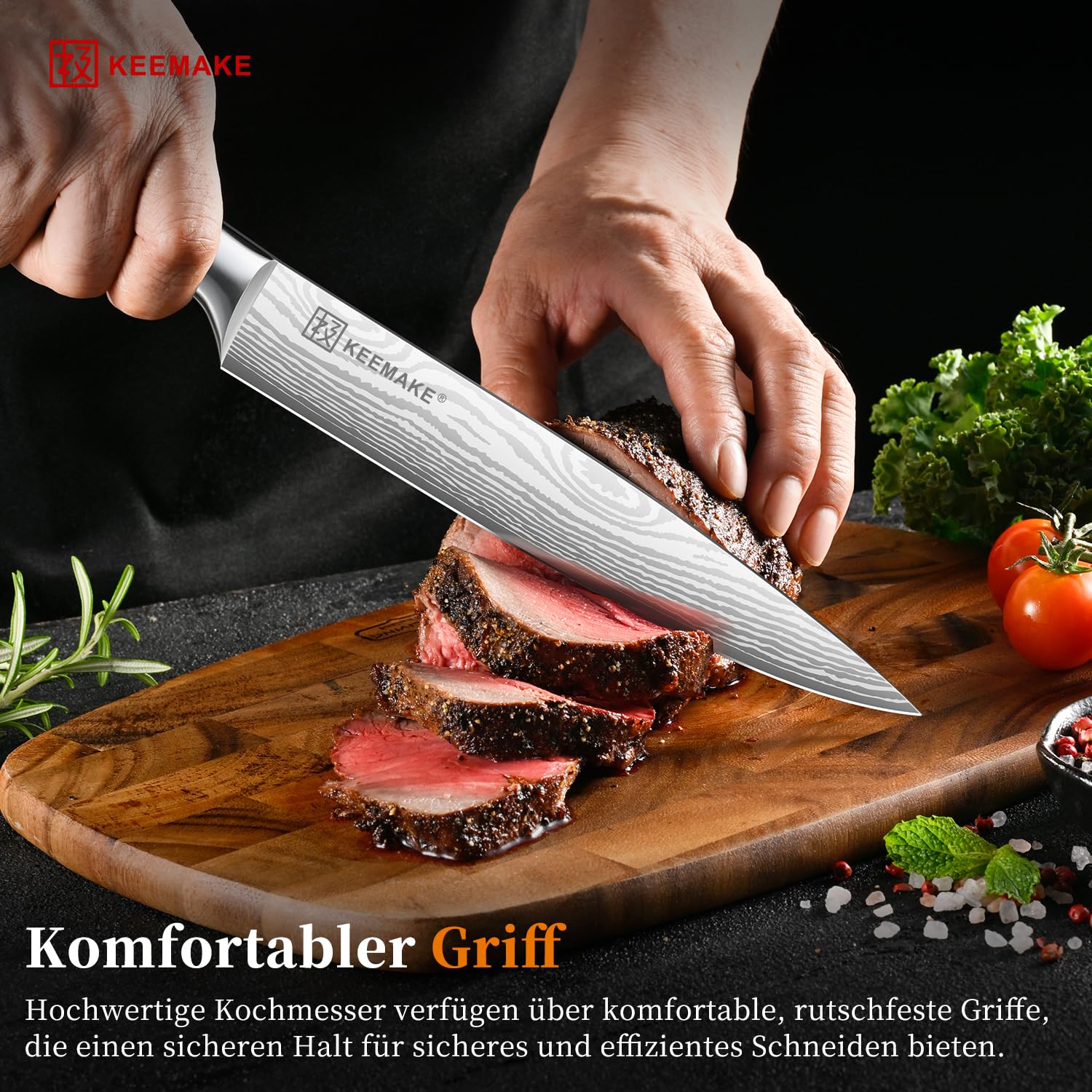 KEEMAKE Scharf Fleischmesser 20cm - Profi Kochmesser Küchenmesser aus Edel-Stahl, Tranchiermesser Schinkenmesser mit ergonomischem Pakkaholz-Griff, Allzweck Grillmesser Chef Knife, Vatertagsgeschenk 6