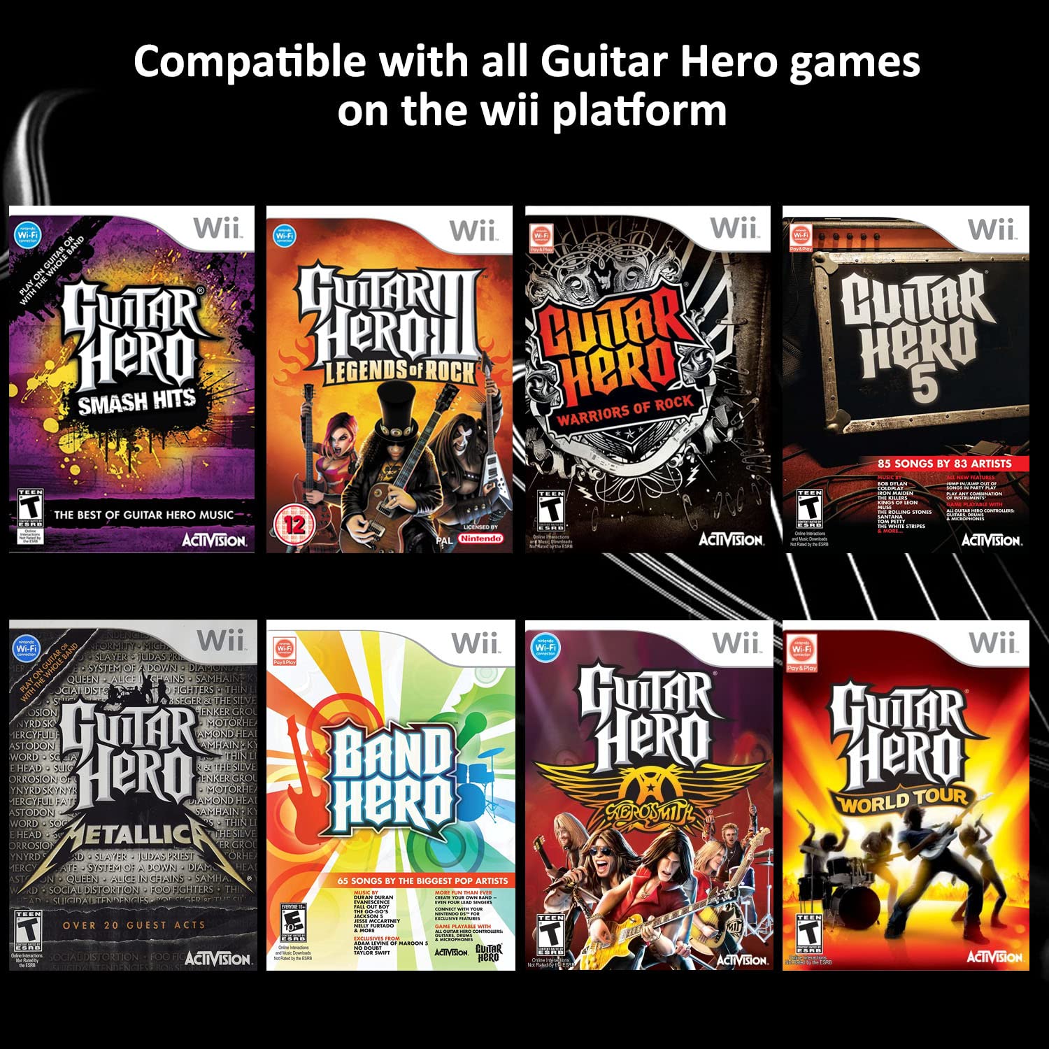 ATUTEN Wireless Guitar Compatible for Wii, Supports for Rock Band Games and Guitar Hero.（Rock Band 1 is Not Supported）