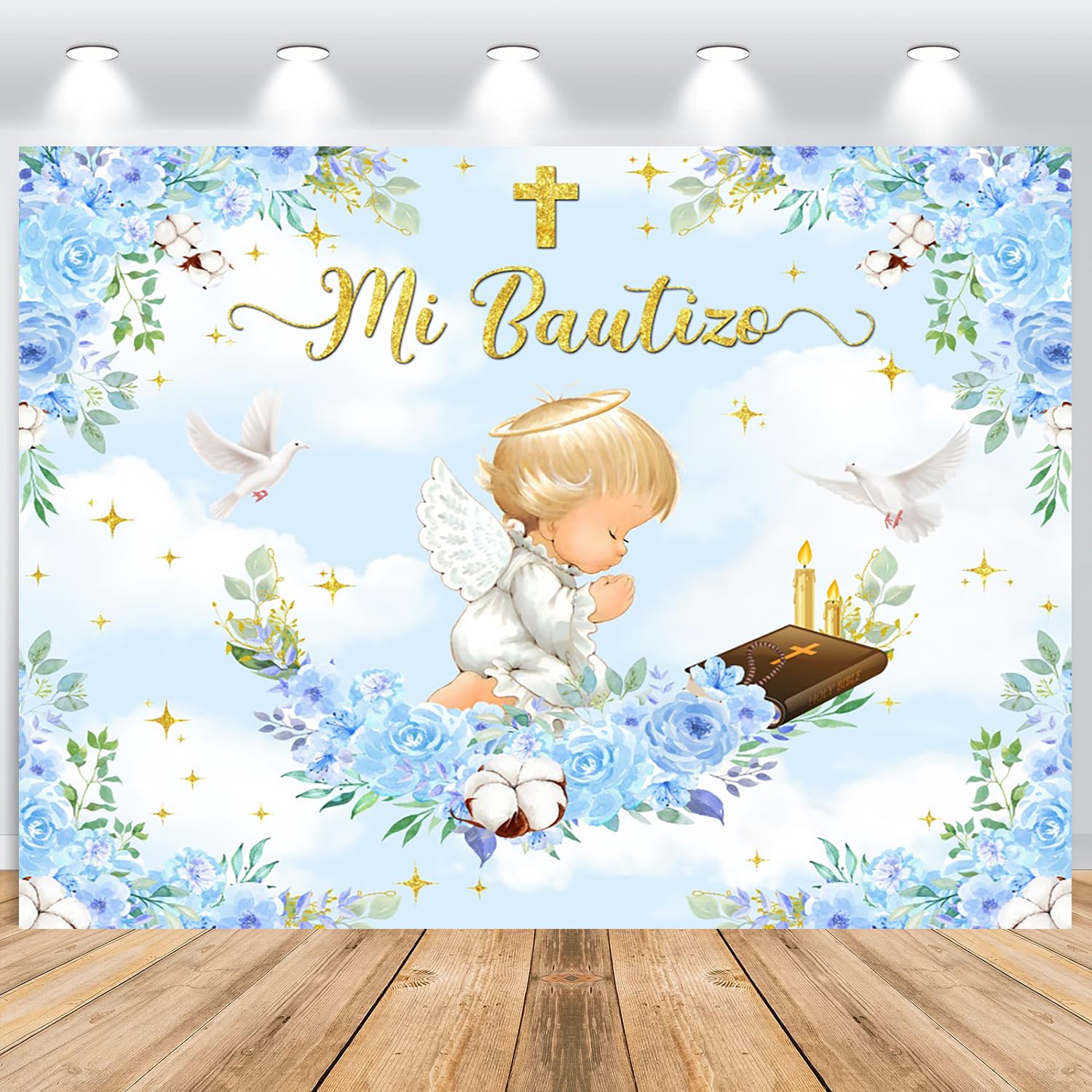 ASDCXZ Mi Bautizo Backdrop 7x5FT, Blue Flowers Gold God Blessing First Holy Communion Photography Backdrop, Foto Backdrop for Boy Communion Baptism Baby Shower Party Photo Booth Props