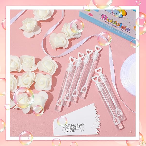 PULLCREASE 200 SET VALENTINE’S DAY WEDDING BUBBLE WANDS BULK SET INCLUDE MINI HEART BUBBLE WAND WITH REFILL FLOWER RIBBON AND TAGS FOR WEDDING SEND OFF GUESTS ANNIVERSARIES PARTY FAVOR(CREAM WHITE)
