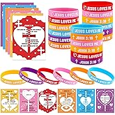 GEWUJATOP 36 Sets Valentine's Day Gifts Bracelets-Jesus John 3: 16 Card Bible Valentines Party Favors Gifts, Loves Heart Colorful Cards Silicone Wristbands Bulk with Christian Bible Verse Decorations