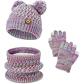 ACAREU Kids Winter Hat Gloves Scarf Set Beanie with PomPom Fleece Lined Warm Touch Screen for Boys Girls Christmas Gift