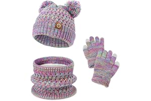 ACAREU Kids Winter Hat Gloves Scarf Set Beanie with PomPom Fleece Lined Warm Touch Screen for Boys Girls Christmas Gift
