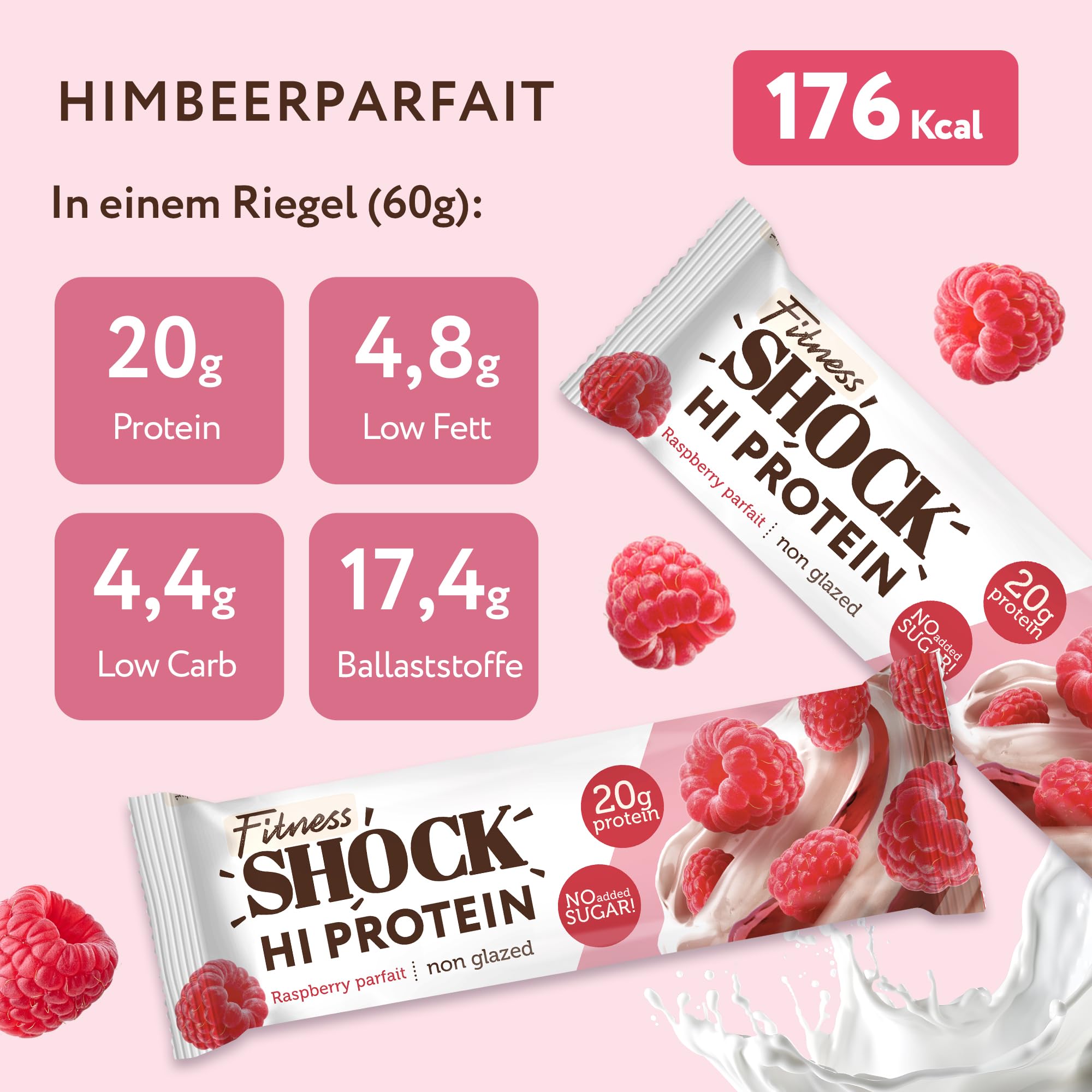 FitnesSHOCK High Proteinriegel Set mit hohem 20g Proteingehalt Eiweißriegel ohne Zuckerzusatz kalorienarm low carb ballaststoffreich Himbeere-Parfait Geschmack 12Stk 60g 2