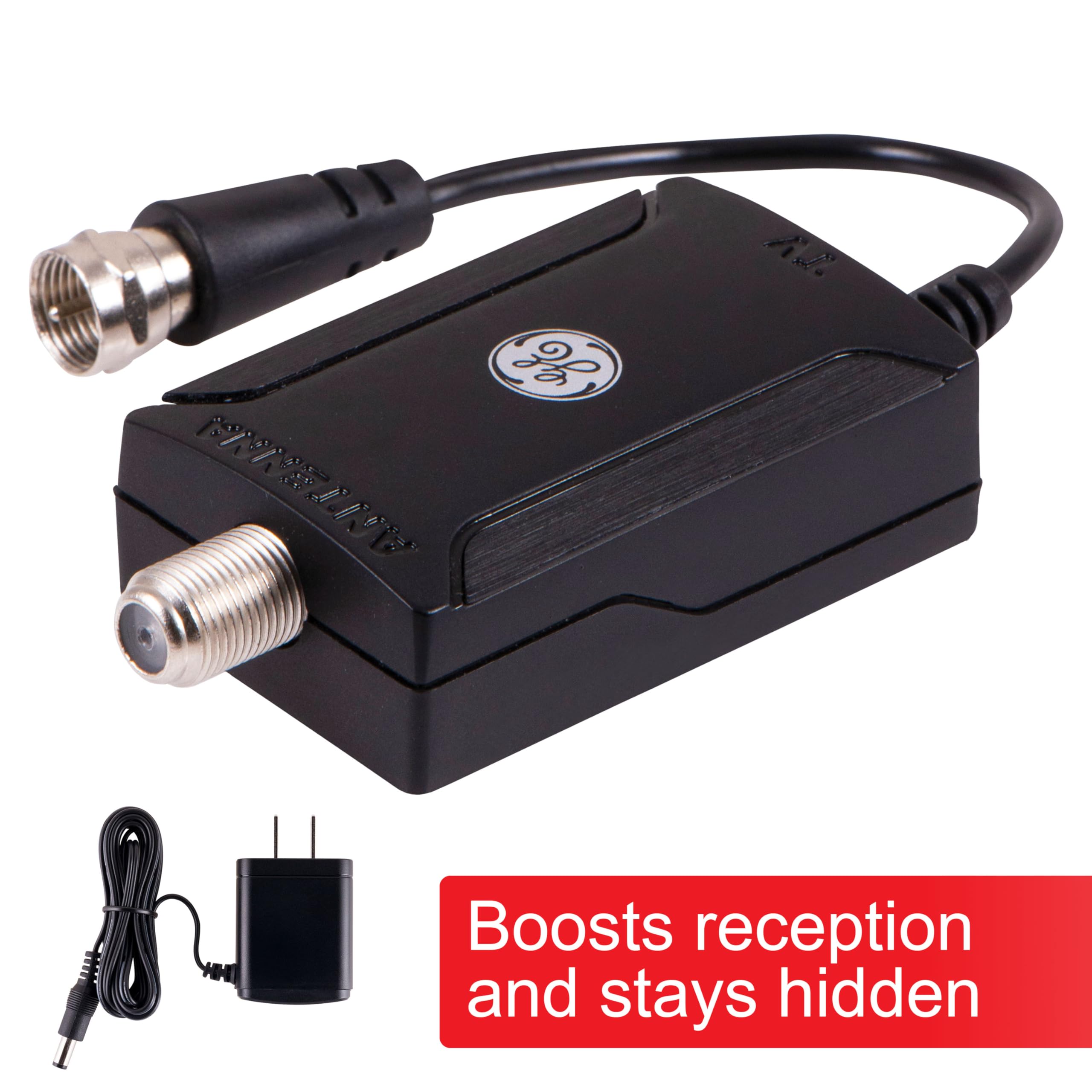 GE Indoor TV Antenna Amplifier, Antenna Signal Booster, HD TV Digital VHF UHF, Low Noise, AC Power Adapter, Black, 42178