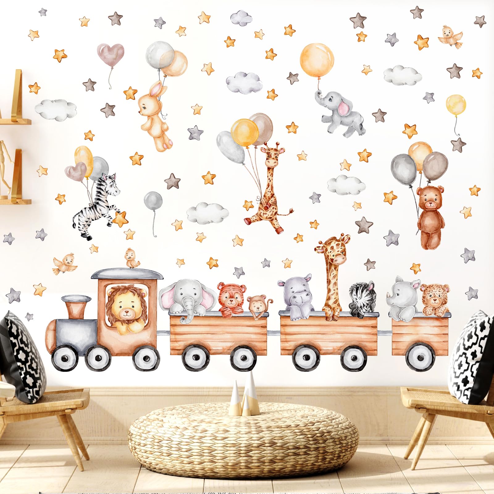 Baby Wall Stickers Nursery Wall Decals Cartoon Balloon Animal Wall Stickers Peel and Stick Star Giraffe Elephant Stickers Safari Jungle Animals Wall Art Stickers for Children's Bedroom Playroom Decor