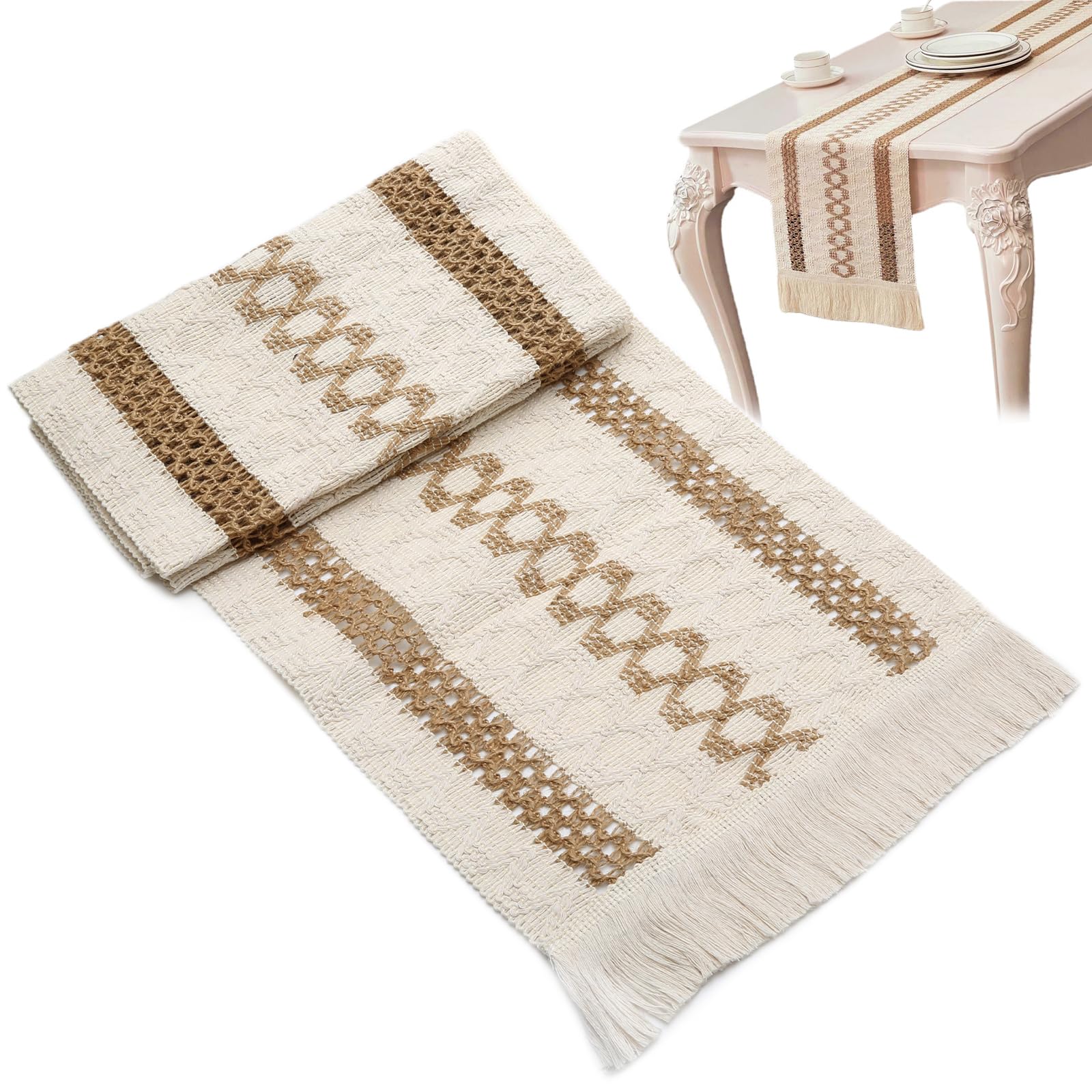 Table Runner, Natural Hessian Dining Table Runner with Tassels Rustic Style Cotton Linen Made Fireplace Mantle Centrepiece Decoration Home Holiday Party Decor 30cm/12inch Width (S2, 180cm/72in)