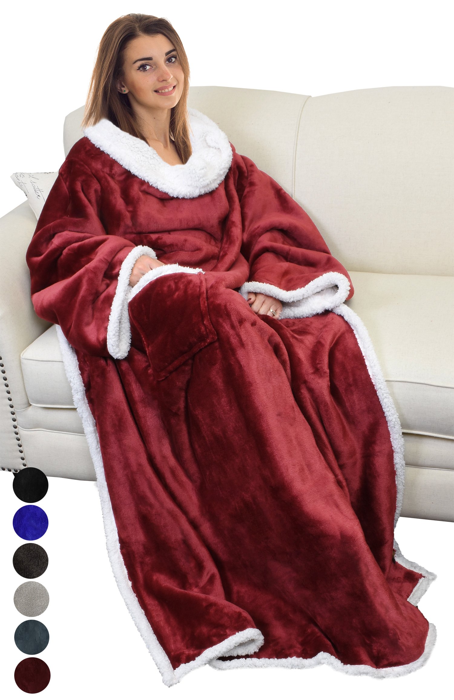 Catalonia Platinum Blanket with Sleeves, Dual Microplush Fleece Sherpa Warm Blankets for Adult Women Men 183cm x 140cm, Wine