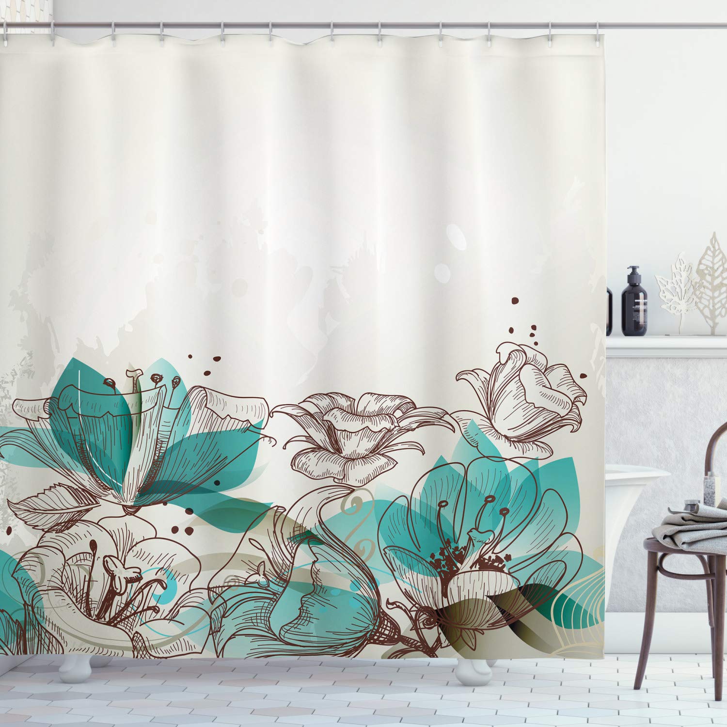 ABAKUHAUS Turquoise Shower Curtain, Retro Floral Background Hibiscus Silhouettes Dramatic Romantic Nature Art, Cloth Fabric Bathroom Decor Set with Hooks, 94 Inches, Beige Teal