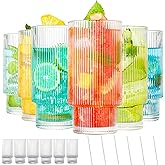 Claplante Drinking Glasses, Origami Style 6 pcs Glass Cups with straw, 11oz Highball Glasses, Elegant Ripple Vintage Glassware, Ribbed Glasses, Iced Coffee Glasses Ideal for Cocktail Whiskey, Juice