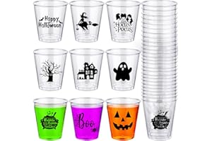 Booson 108 Pcs Disposable Plastic Shot Glasses - 1.69 Oz Clear Pumpkin Witch Whiskey Drinking Cups for Halloween Decoration & Trick or Treat Supplies, 9 Designs