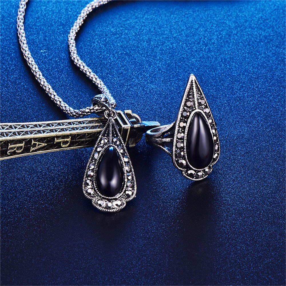 LUYUAN JEWELRY Women Girls Teardrop Triangle Jewelry Set Cute Resin Fashion Pendant Necklace Earring Ring Set - Black+Ring#8