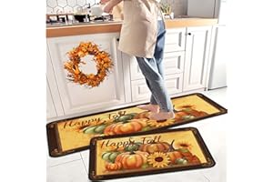 KUKLI KITCHEN Happy Fall Pumpkin Decorative Kitchen Rugs Set of 2,Non Skid Washable, Home Seasonal Fall Holiday Party Autumn Harvest Thanksgiving Kitchen Mat 17"x47"+17"x30"