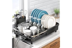 SNTD Dish Drying Rack - Expandable Dish Rack for Kitchen Counter, Stainless Steel Dish Drainer with Drainboard Set and Utensil Holder, Sink Drying Dish Strainer Rack (Black)