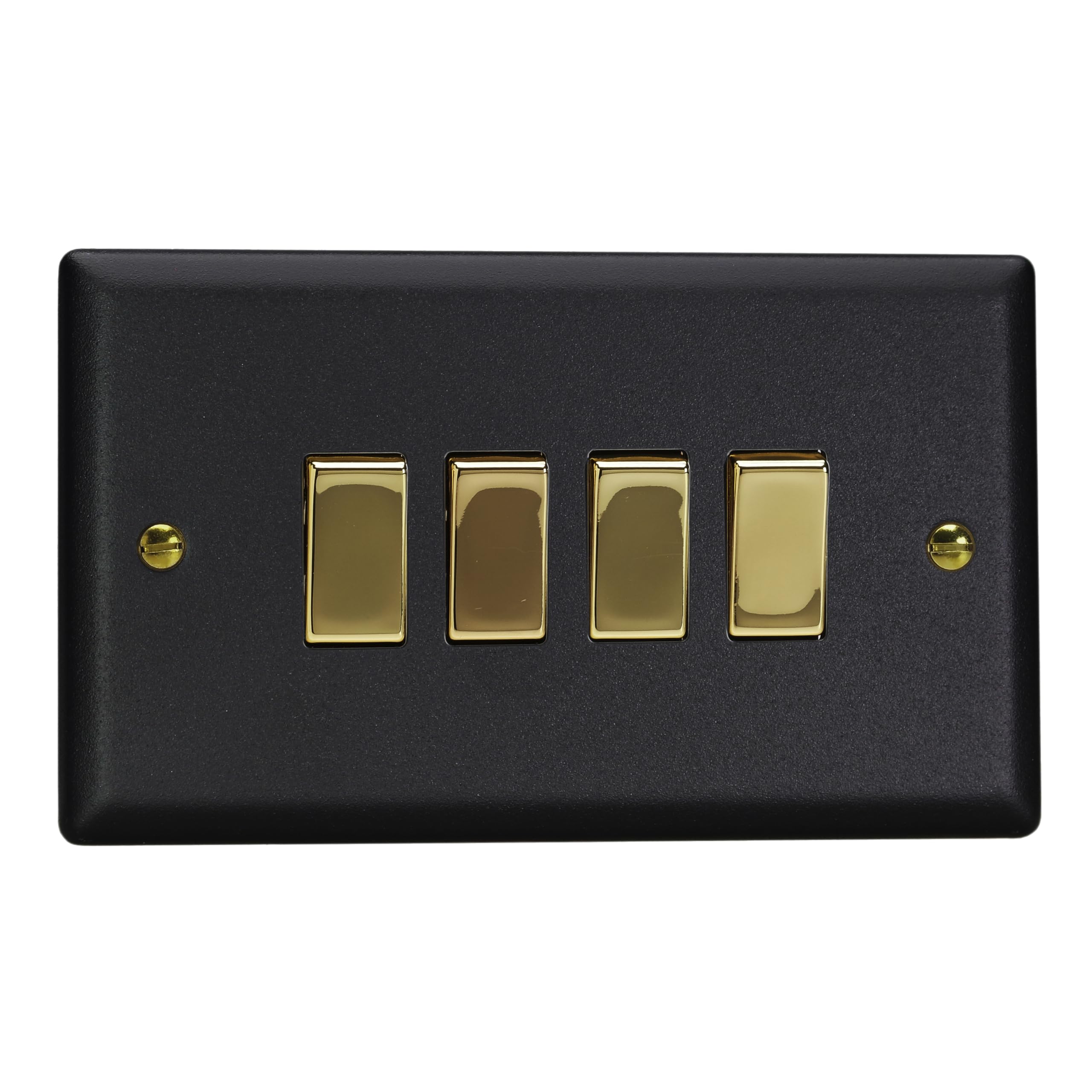Varilight 4-Gang 2-Way Rocker Light Switch - Vogue Matt Black With Polished Brass Rockers